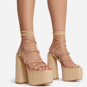 Vine-Hill Lace Up Strappy Open Toe Woven Platform Block Heel In Tan Brown